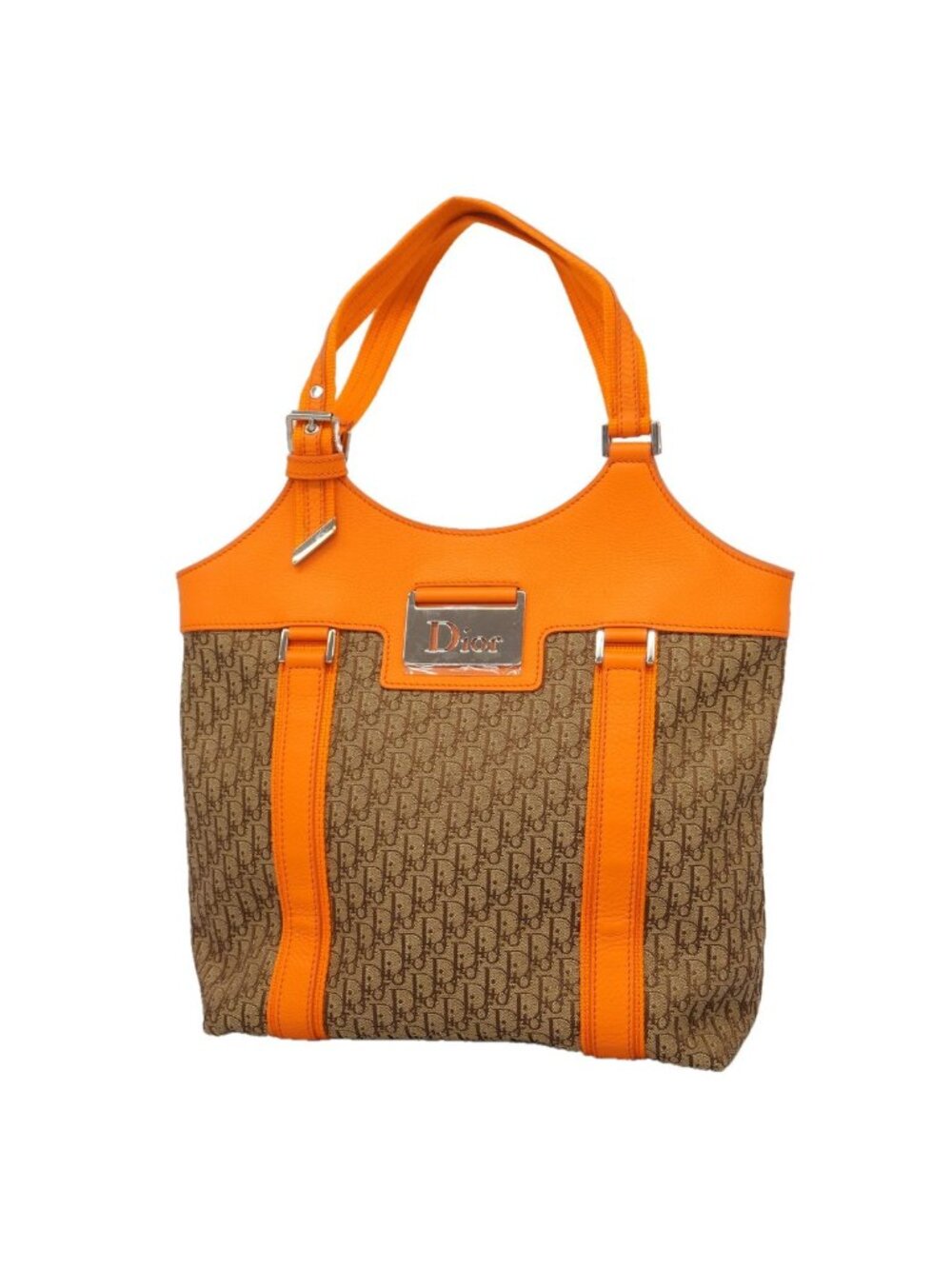 Dior Handbag Trotter Street Chic Canvas Leather Brown Orange Silver